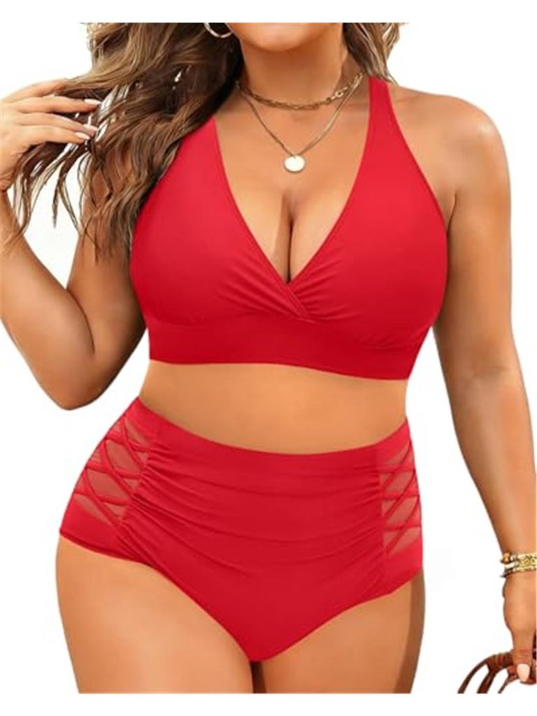 Red Plus Size Bikini High Waist Tummy Control Push Up Two Piece Swimsuit Set